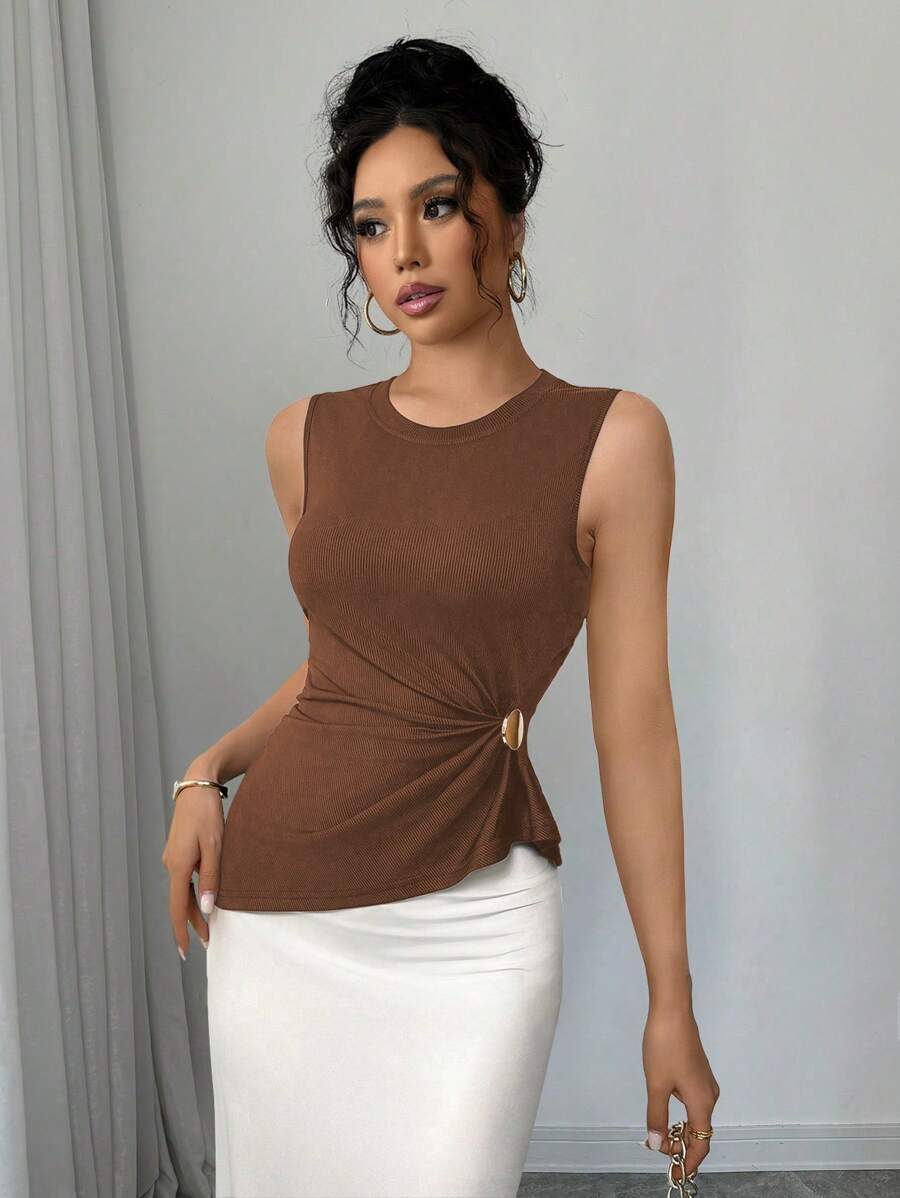 Solid-color Pleated Waist-cinching Sleeveless Top For Women