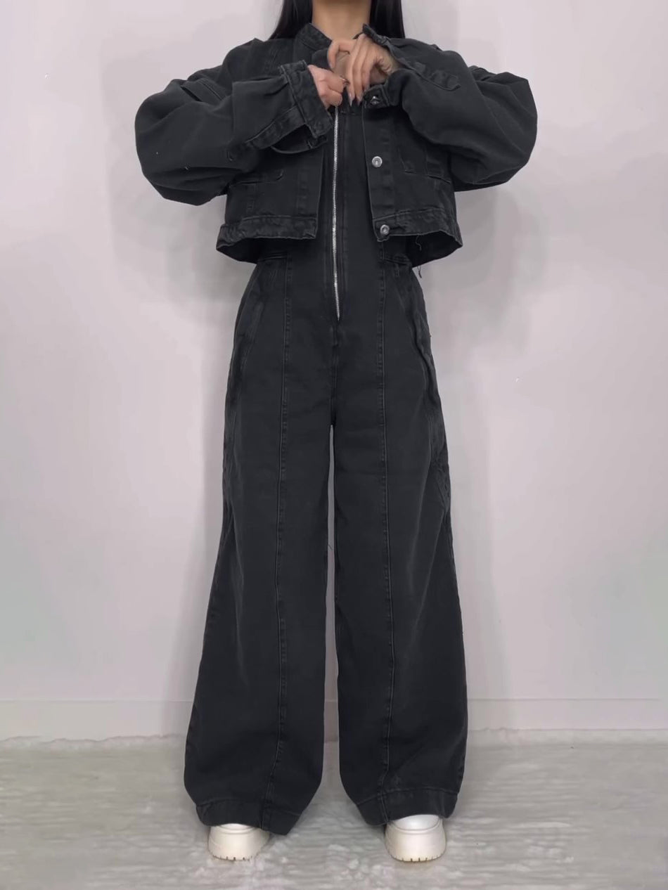 Denim Bandeau Zipper Jumpsuit & Jacket Set