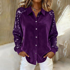 Women's Fashion Sequins Long Sleeve Blouses Casual Solid Long Sleeve Turn-down Collar Button Shirts Top Women Holiday Streetwear Clubwear Clothes