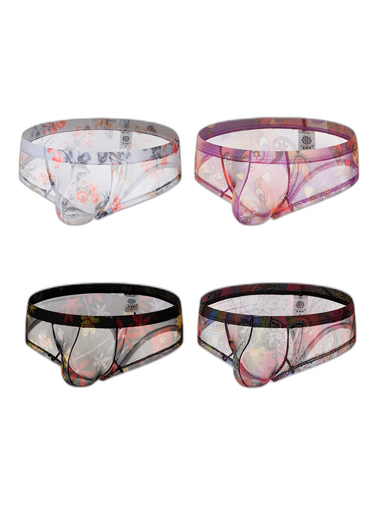 4-pack Men's Lace Print Sheer Mesh Bohemian Boxer Briefs