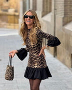 Leopard Print Patchwork Flared Sleeves Ruffled Dress
