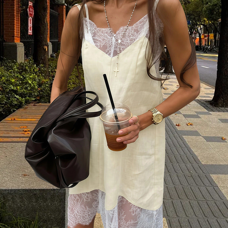 Lace-trimmed Solid-color Strapless Sleeveless Spicy-girl Style Slip Dress