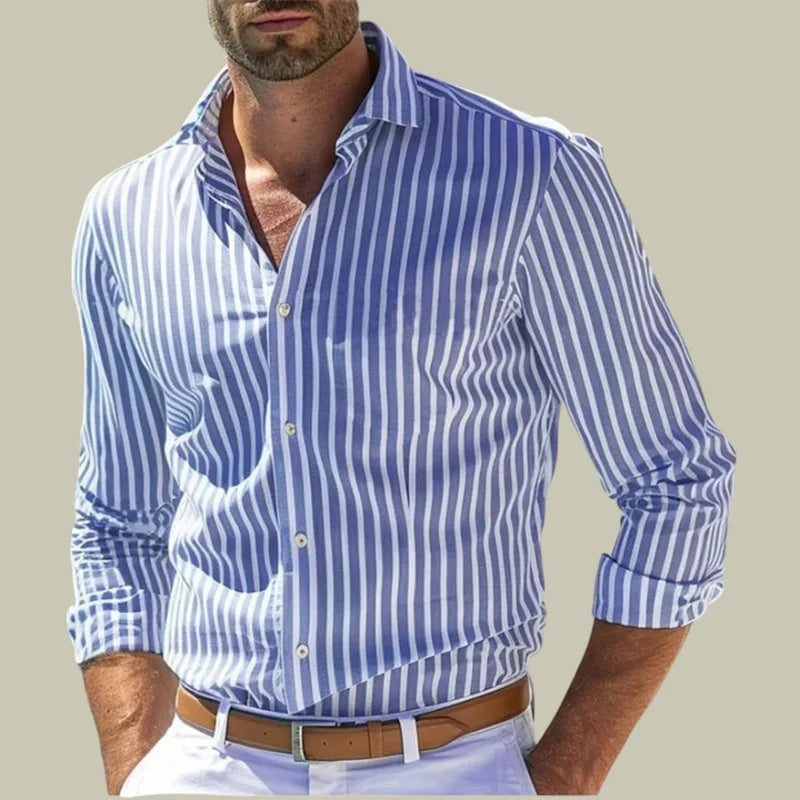 Ins Stripe Printed Long Sleeve Shirt Men Fashion Casual Lapel Button Top Clothing