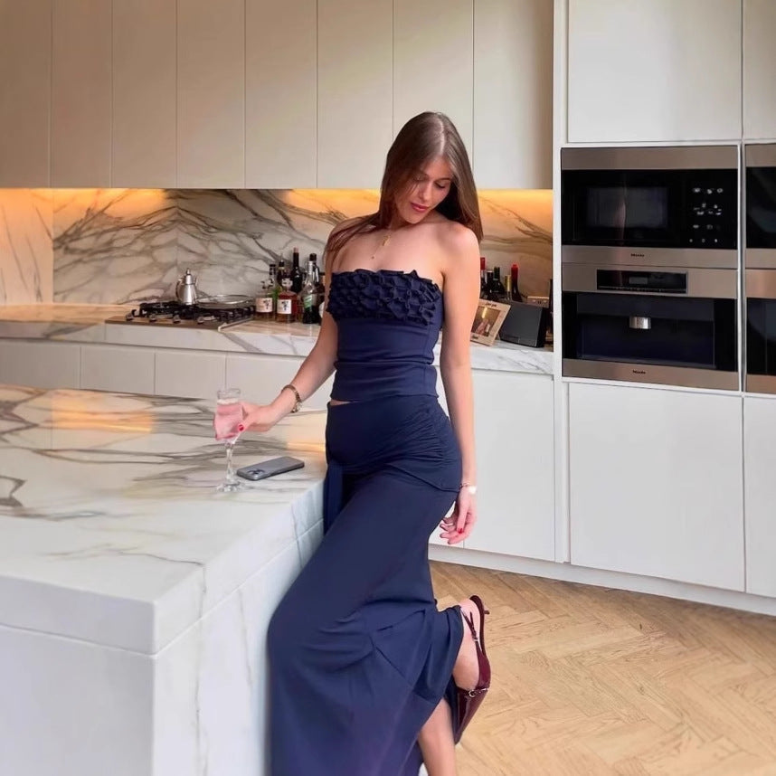 Sexy Patchwork Chest Wrap Midriff-baring Top Slim Fit Temperament Sheath Long Dress Suit