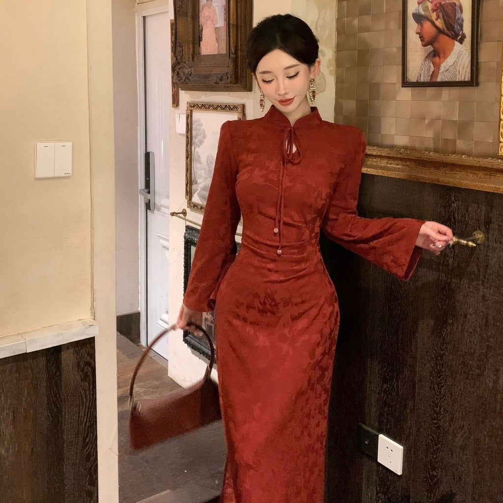 Women's New Chinese-style Jacquard Red Modified Cheongsam Dress