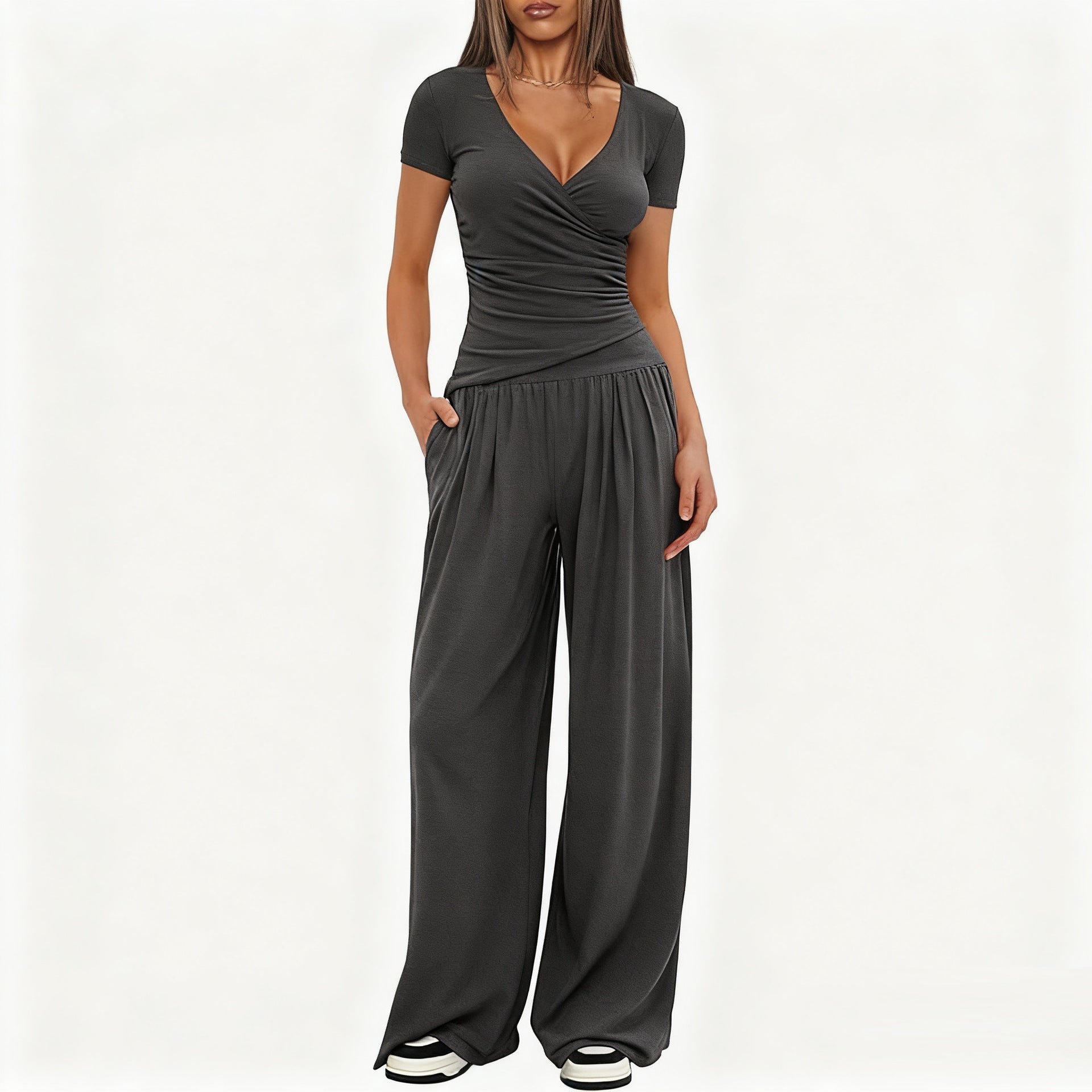 2 Pieces Women's V Neck Short-sleeve Sportswear Top And Wide-leg Pants Set Casual Comfortable Outfit Set For Daily Wear Gym Sports Outfit