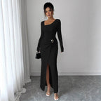Autumn And Winter Irregular Neckline Solid Color Knitted Texture Long Dress For Women