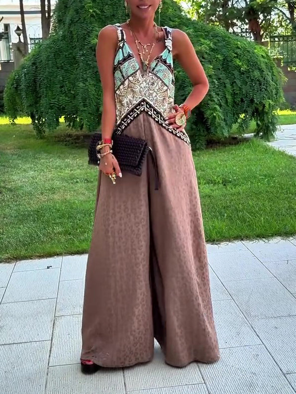 Ethnic Print Paneled Sleeveless Wide-Leg Jumpsuit