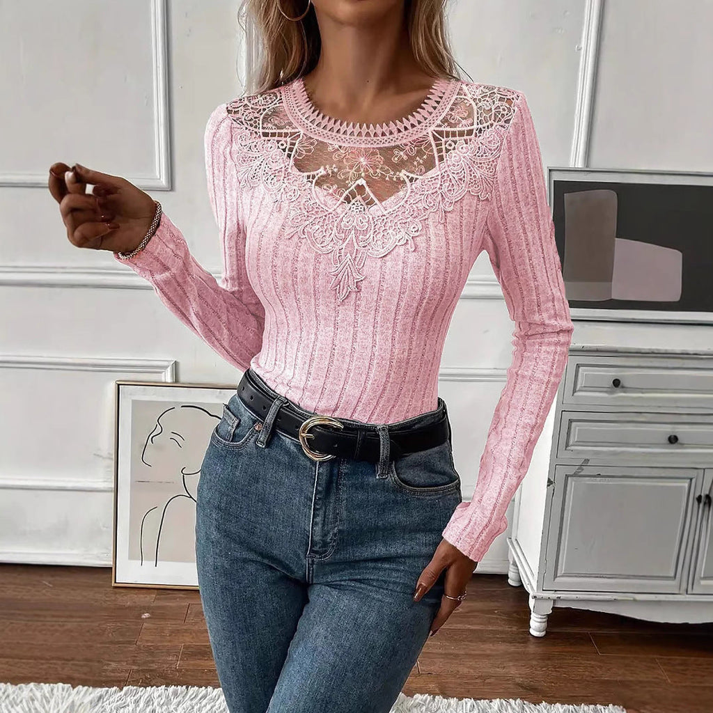 Women's New Arrival Fashionable Casual V-Neck Lace Long-Sleeve Top