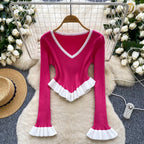 Contrast-color Ruffled Striped Knit Sweater