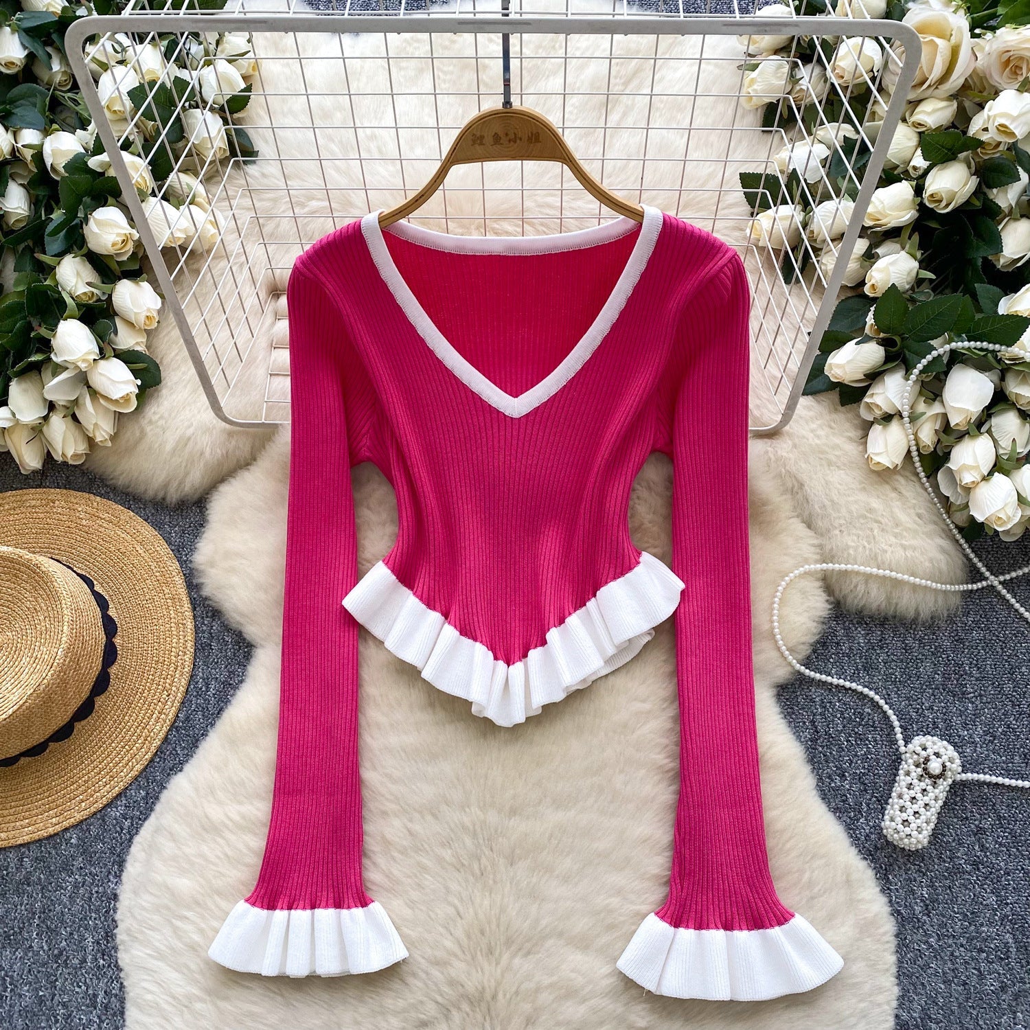 Contrast-color Ruffled Striped Knit Sweater