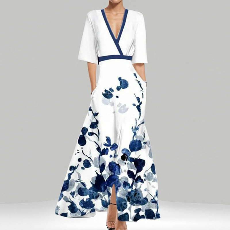 Fashion Print Half-sleeve V-neck Dress Temperament Slim Tight Waist Dresses For Women