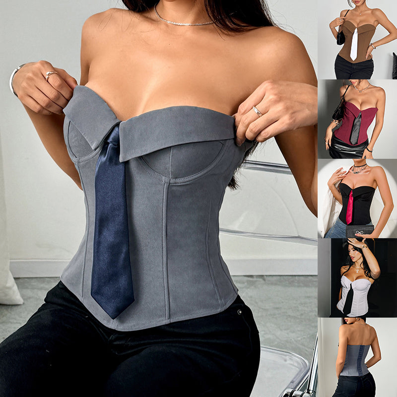 Y2k Bandeau Top With Faux-tied Design Ins Fashion Solid Color Vest For Women Clothing