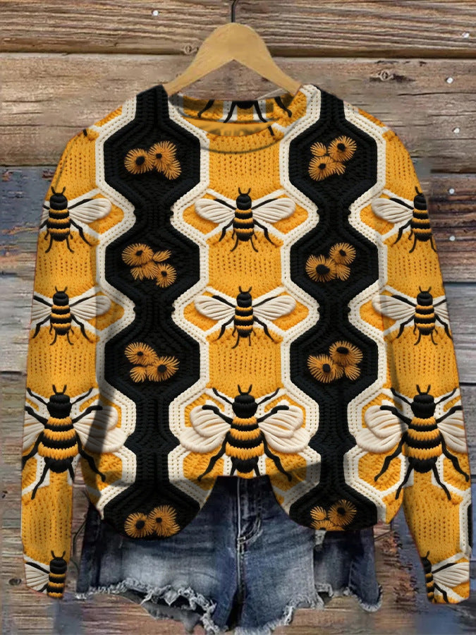 Digital-print Rabbit Amidst A Floral Meadowartistic Outfit Warm Chunky-knit Crewneck Hoodie