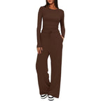 2 Pieces Women's Suit Autumn Winte Long Sleeve Tops High Waisted Wide Leg Pants Sportswear Female Clothes Solid Color Casual Suit