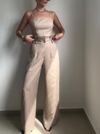 Solid Color Suspender Top & High Waist Pants Set