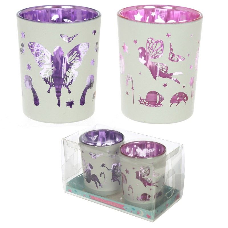 Set of 2 Fairy Garden Glass Tea Light/Votive Holders