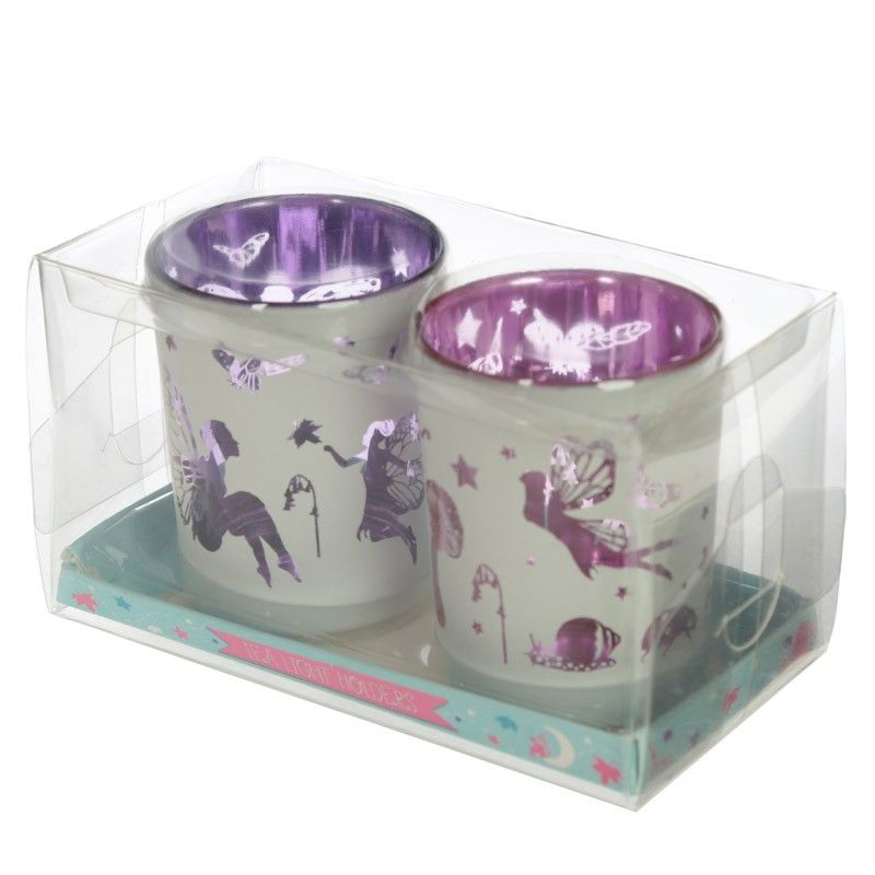 Set of 2 Fairy Garden Glass Tea Light/Votive Holders
