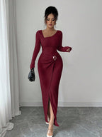 Autumn And Winter Irregular Neckline Solid Color Knitted Texture Long Dress For Women
