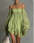 Long-sleeve Slip Dress In Solid Color With A Stretchy Boat Neck And Lace Detailing