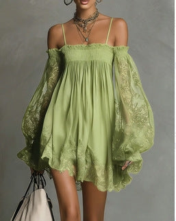Long-sleeve Slip Dress In Solid Color With A Stretchy Boat Neck And Lace Detailing
