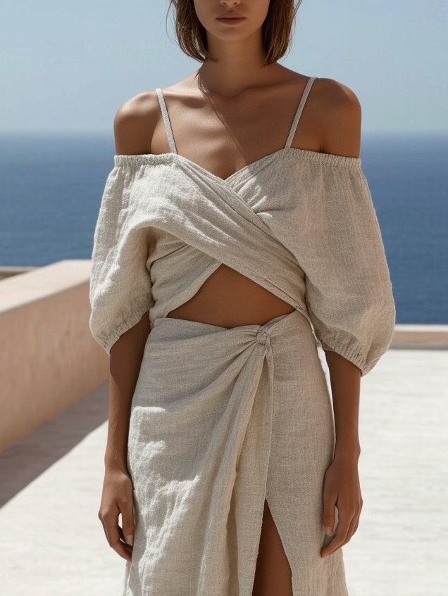 Cotton And Linen Off-shoulder Top With Slit & Twist Skirt Suit