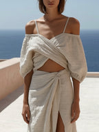 Cotton And Linen Off-shoulder Top With Slit & Twist Skirt Suit
