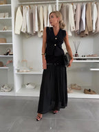 Women's Casual Solid-Colored Skirt And Pleated Long Skirt Set