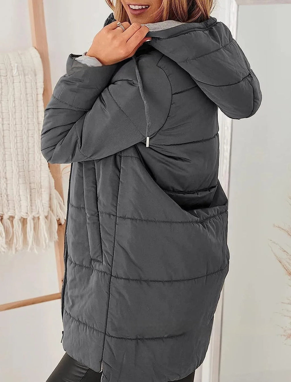 Women's Hooded Solid Color Pocket Long Cotton Jacket Coat