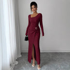 Autumn And Winter Irregular Neckline Solid Color Knitted Texture Long Dress For Women