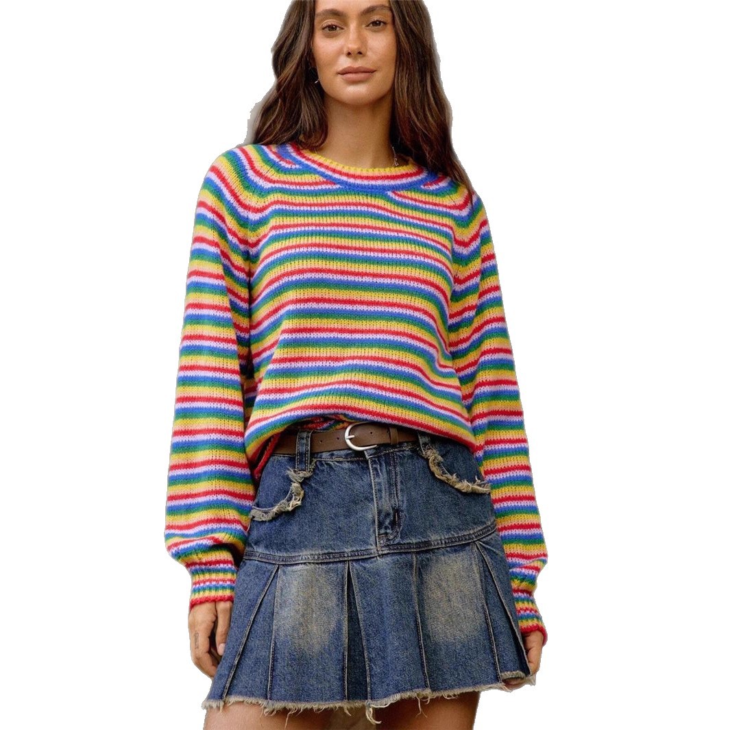 Rainbow-striped Knitted Vintage Crewneck Sweater