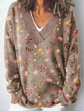 Floral Pattern Printed V-neck Long Sleeve Casual Sweatshirt