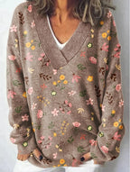 Floral Pattern Printed V-neck Long Sleeve Casual Sweatshirt