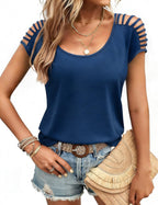 European And American-style Short-sleeve Knitted Top With Openwork