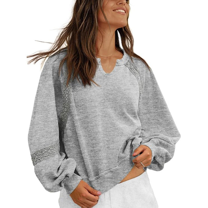 Women's Sweatshirt Casual V-neck Lace Sweater