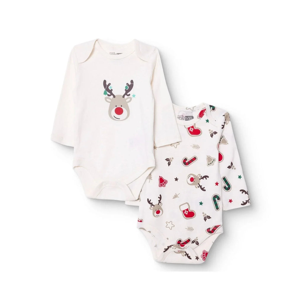 HelloBaby Boys 2-Pack Long Sleeve Bodysuits Christmas Envelope Neck Long Sleeve - Ecru