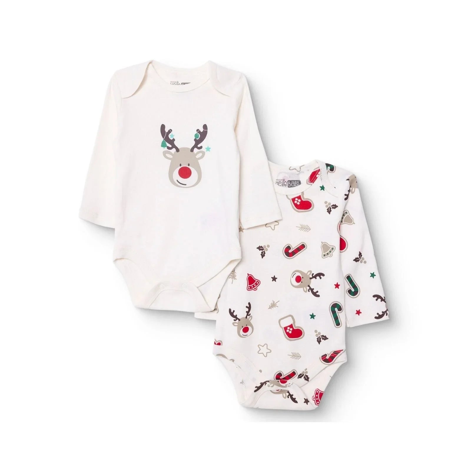 HelloBaby Boys 2-Pack Long Sleeve Bodysuits Christmas Envelope Neck Long Sleeve - Ecru