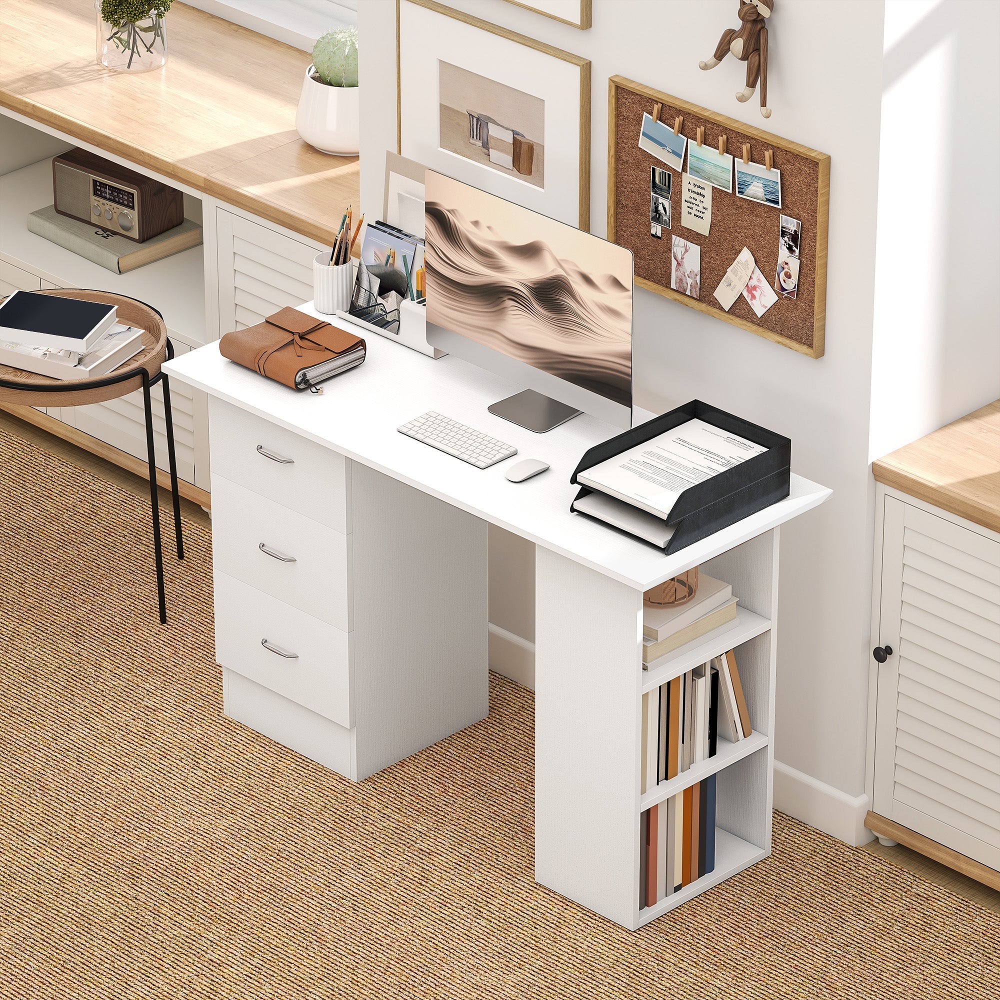 HOMCOM Computer Desk, Writing Table, PC Workstation with 3 Storage Shelves and Drawers, Silver Handle, for Home Office, White