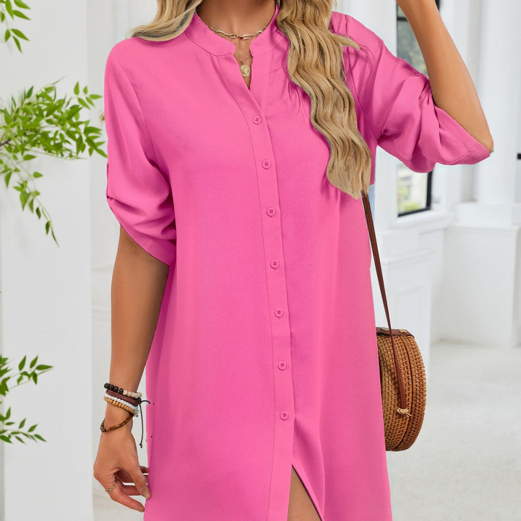 V-neck Shirt-sleeve Button-down Dress For Women