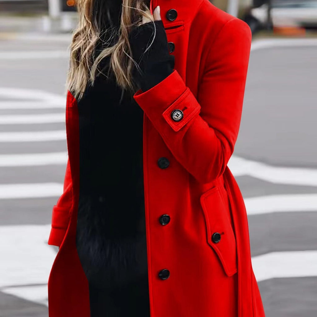 Women's Luxury Woolen Coat - Slim Fit Stand Collar Cardigan | Premium Winter Outerwear