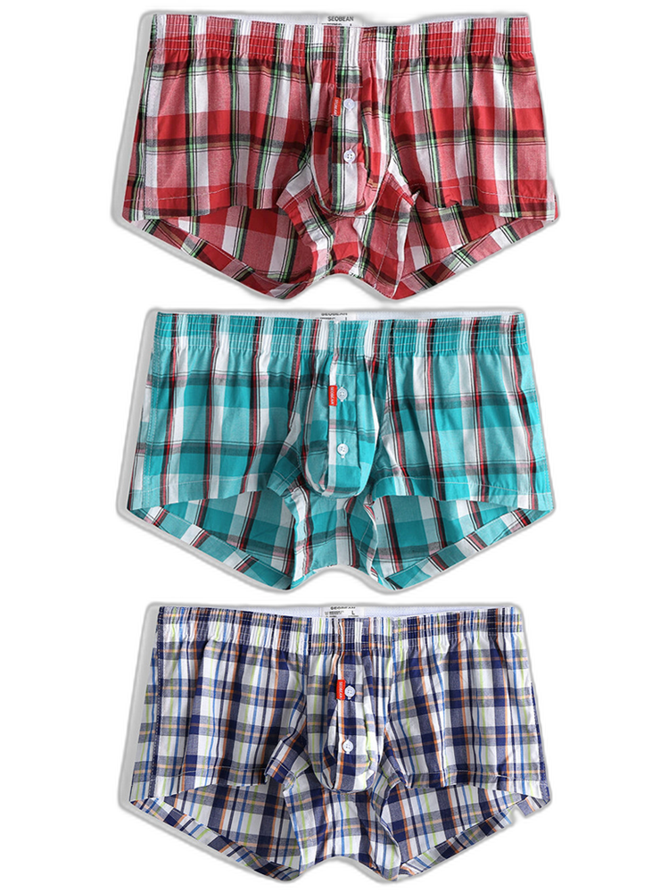 Mens Plaid Front Pouch Boxer Shorts