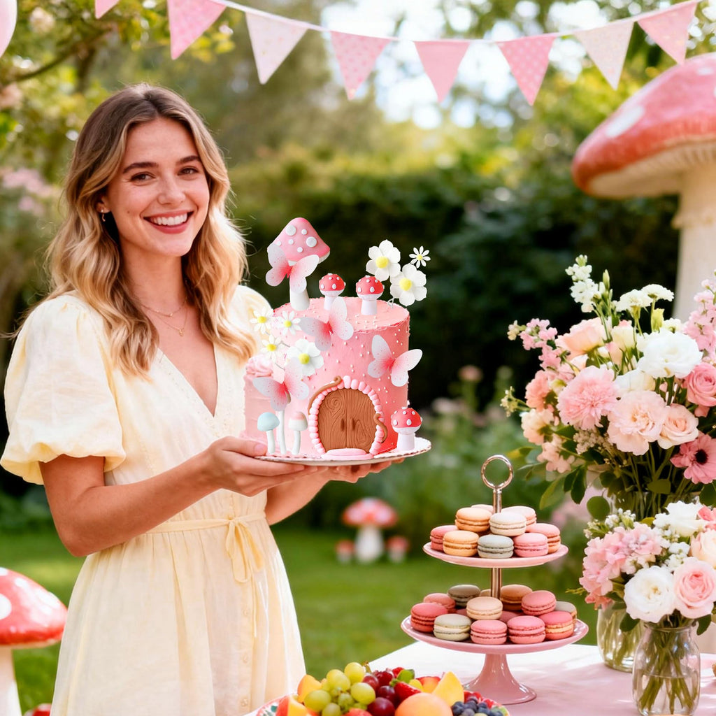 Bach and Boujee Pink Mushroom Cake Topper Set – Fairy Garden Party Decor