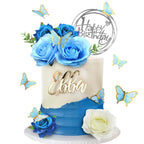 BANBALLON 19 PCS Flower Cake Toppers – Butterfly Happy Birthday Decor with Blue Roses & Eucalyptus