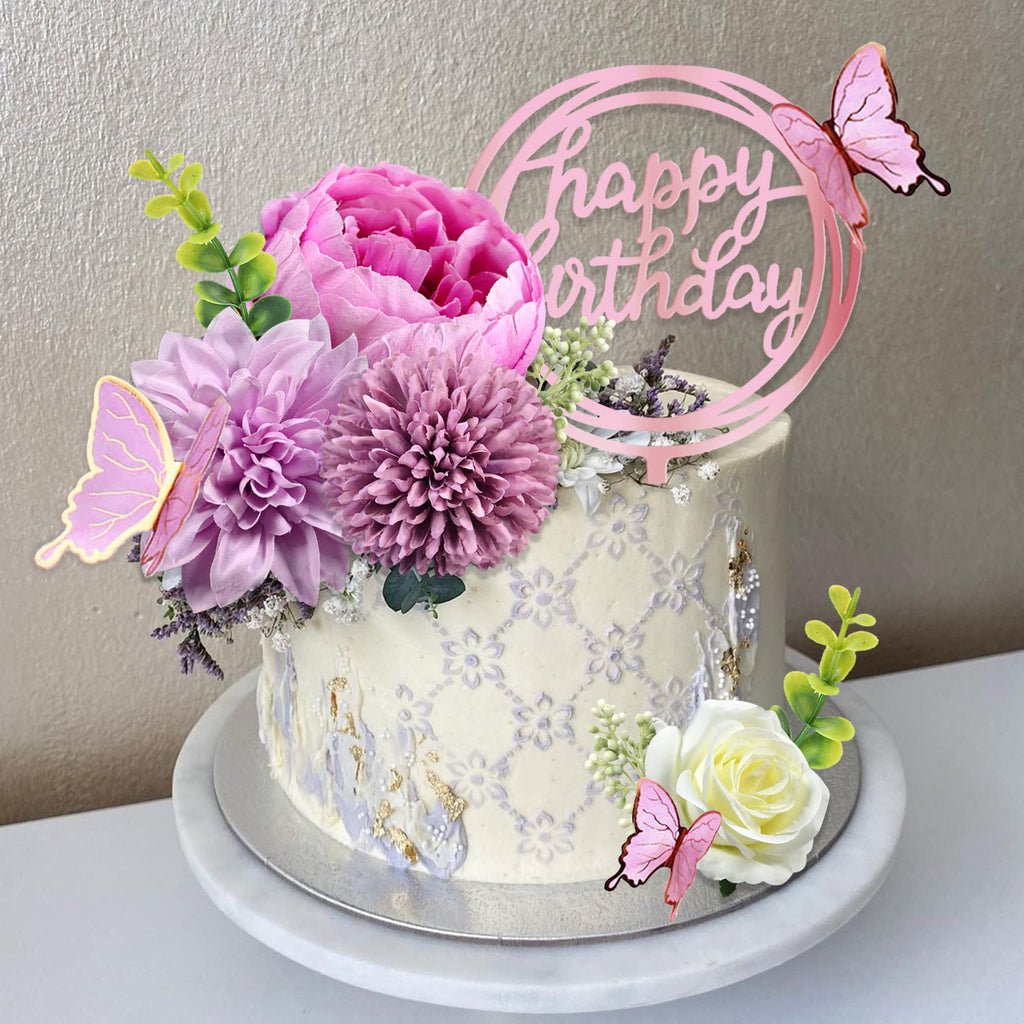 BANBALLON 14 Pcs Butterfly Cake Toppers with Purple Flowers – Happy Birthday & Event Decor
