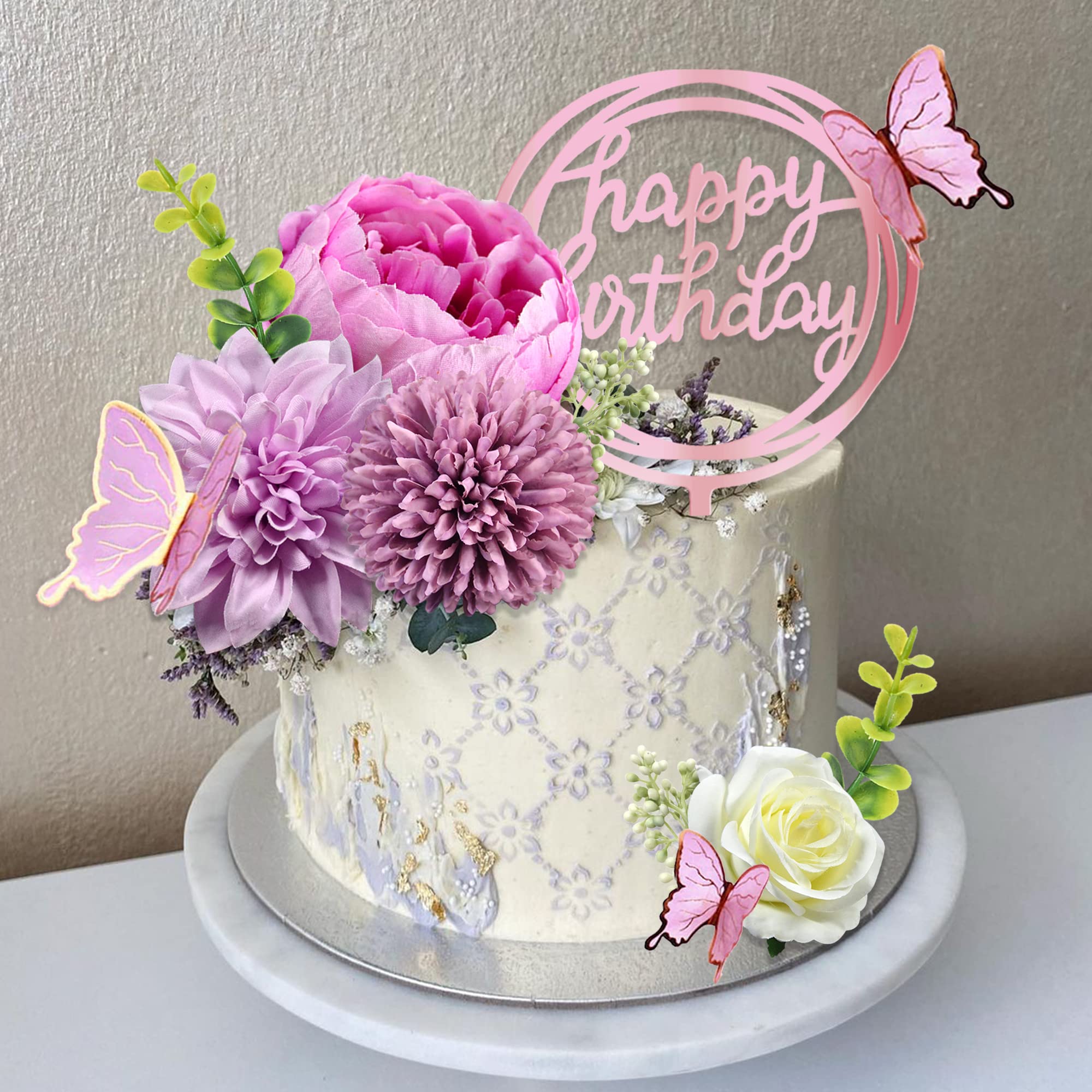 BANBALLON 14 Pcs Butterfly Cake Toppers with Purple Flowers – Happy Birthday & Event Decor