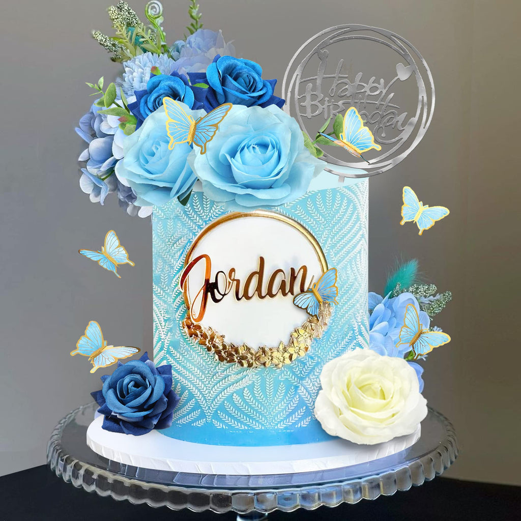BANBALLON 19 PCS Flower Cake Toppers – Butterfly Happy Birthday Decor with Blue Roses & Eucalyptus