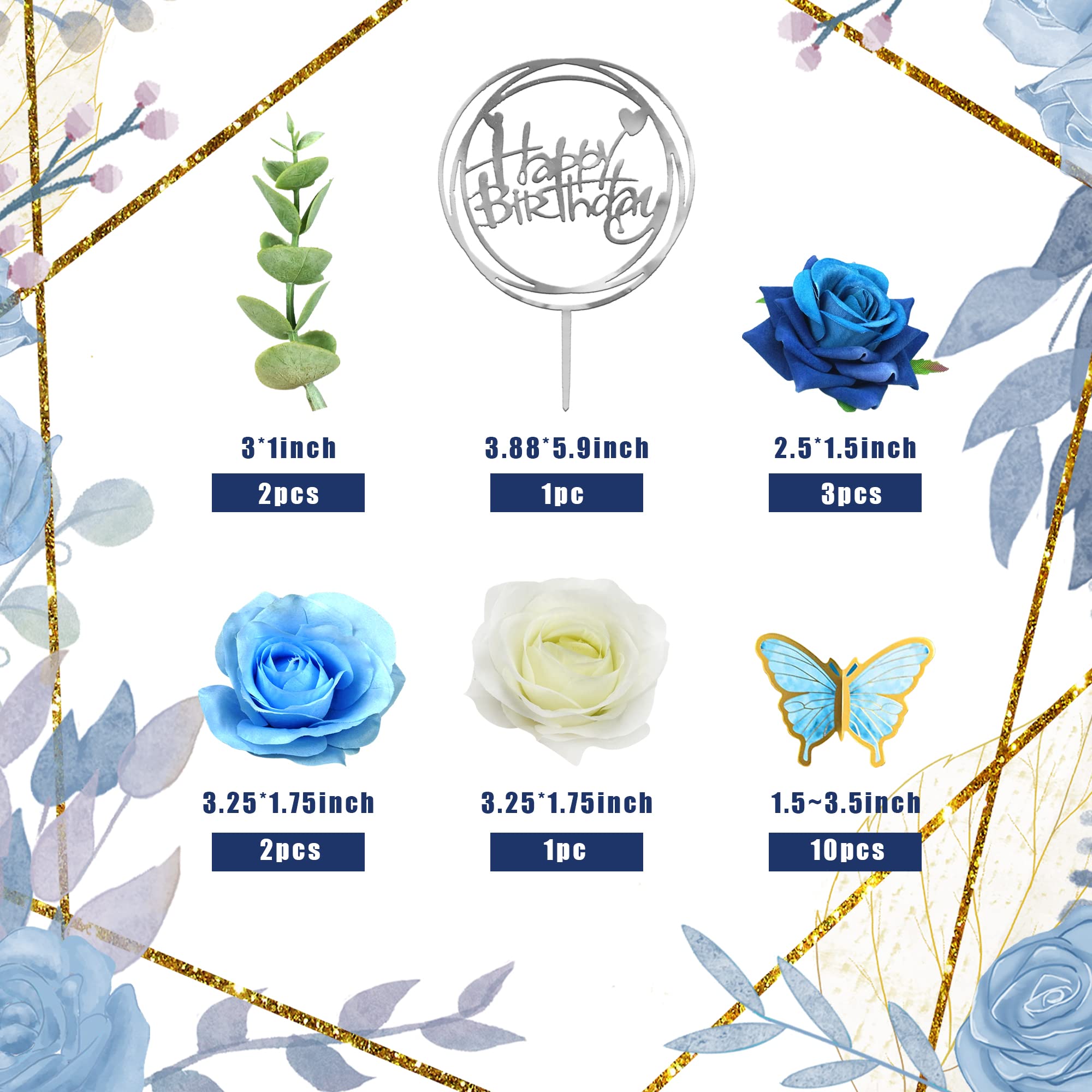 BANBALLON 19 PCS Flower Cake Toppers – Butterfly Happy Birthday Decor with Blue Roses & Eucalyptus