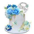 BANBALLON 19 PCS Flower Cake Toppers – Butterfly Happy Birthday Decor with Blue Roses & Eucalyptus