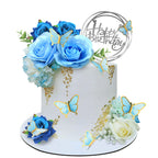 BANBALLON 19 PCS Flower Cake Toppers – Butterfly Happy Birthday Decor with Blue Roses & Eucalyptus