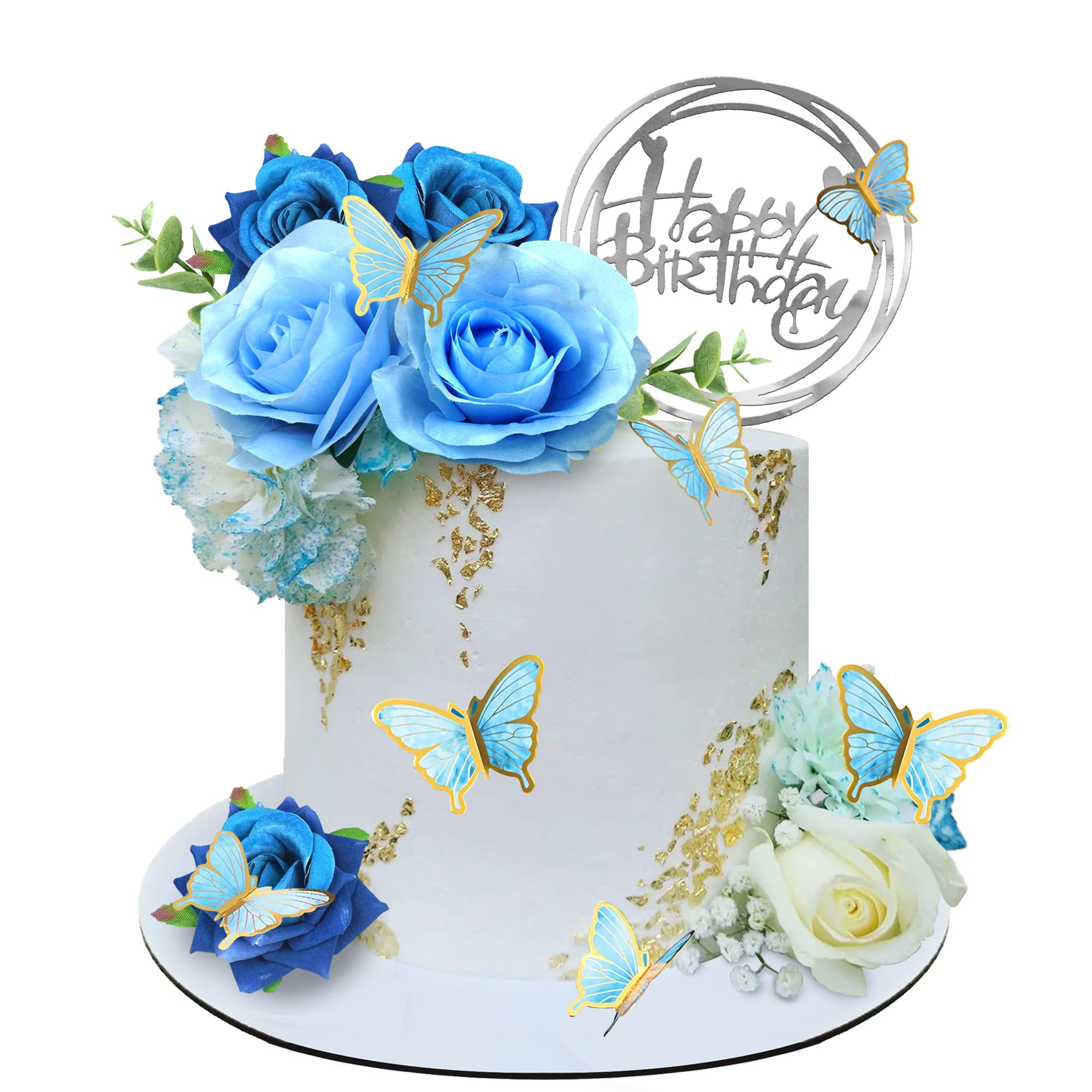 BANBALLON 19 PCS Flower Cake Toppers – Butterfly Happy Birthday Decor with Blue Roses & Eucalyptus